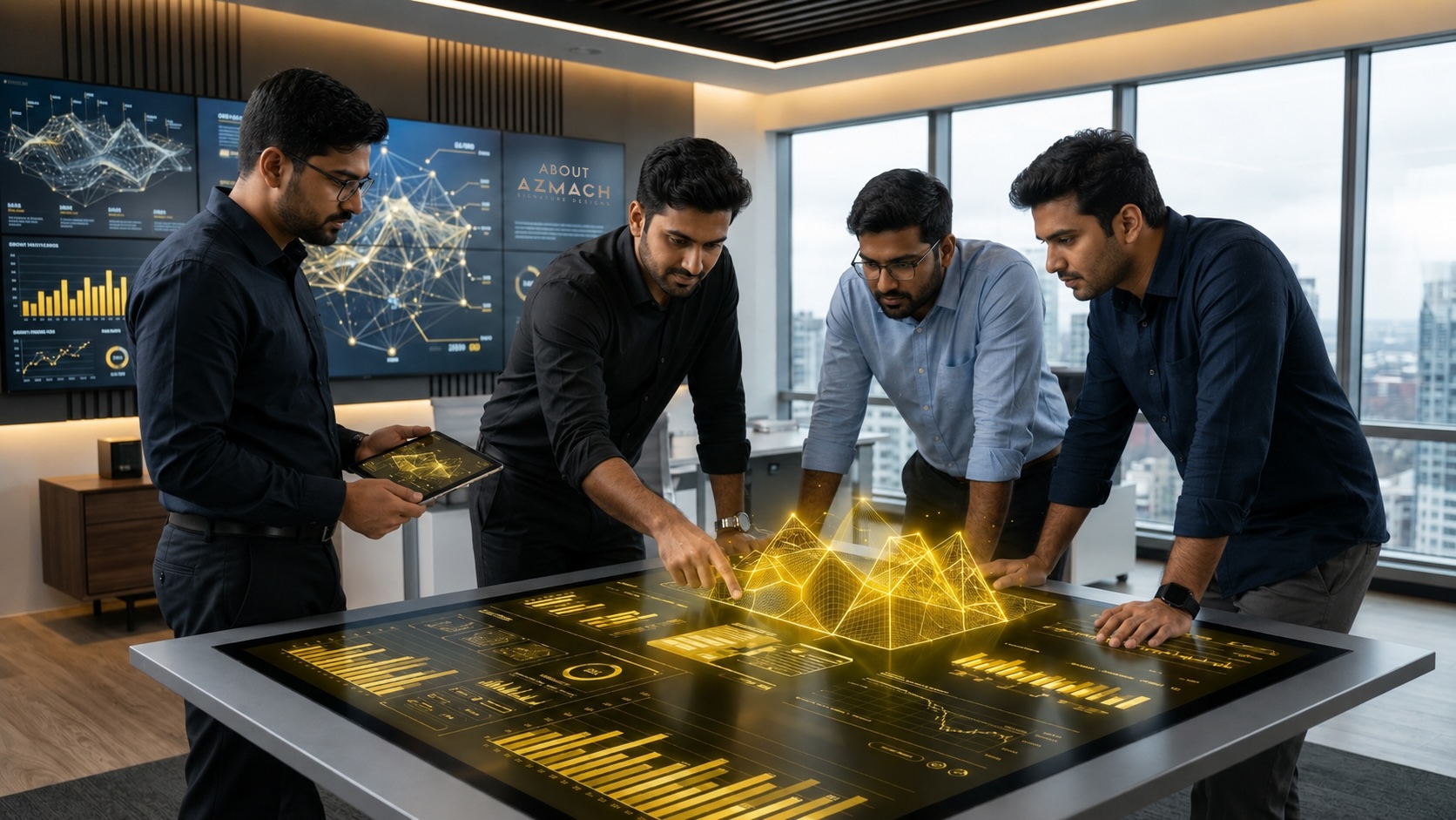Azmach team analyzing data on interactive touch table